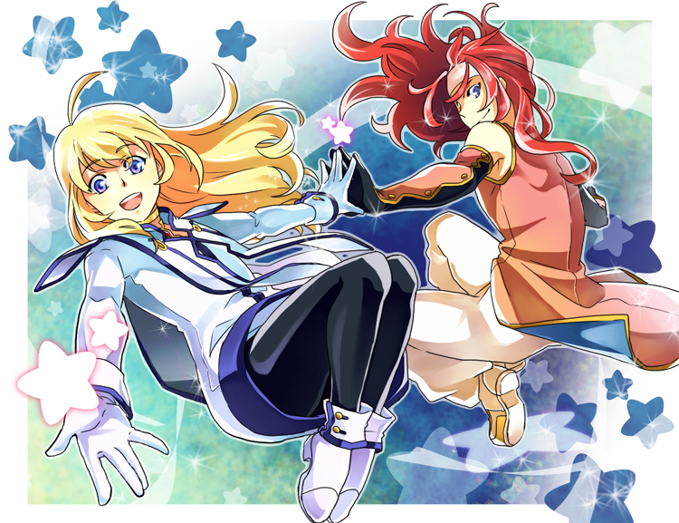 1girl, black_legwear, blonde_hair, blue_eyes, coat, colette_brunel, gloves, hands_together, headband, itou_(hgrk310), long_hair, pants, pantyhose, red_hair, redhead, shoes, smile, star, starry_background, tales_of_(series), tales_of_symphonia, zelos_wilder