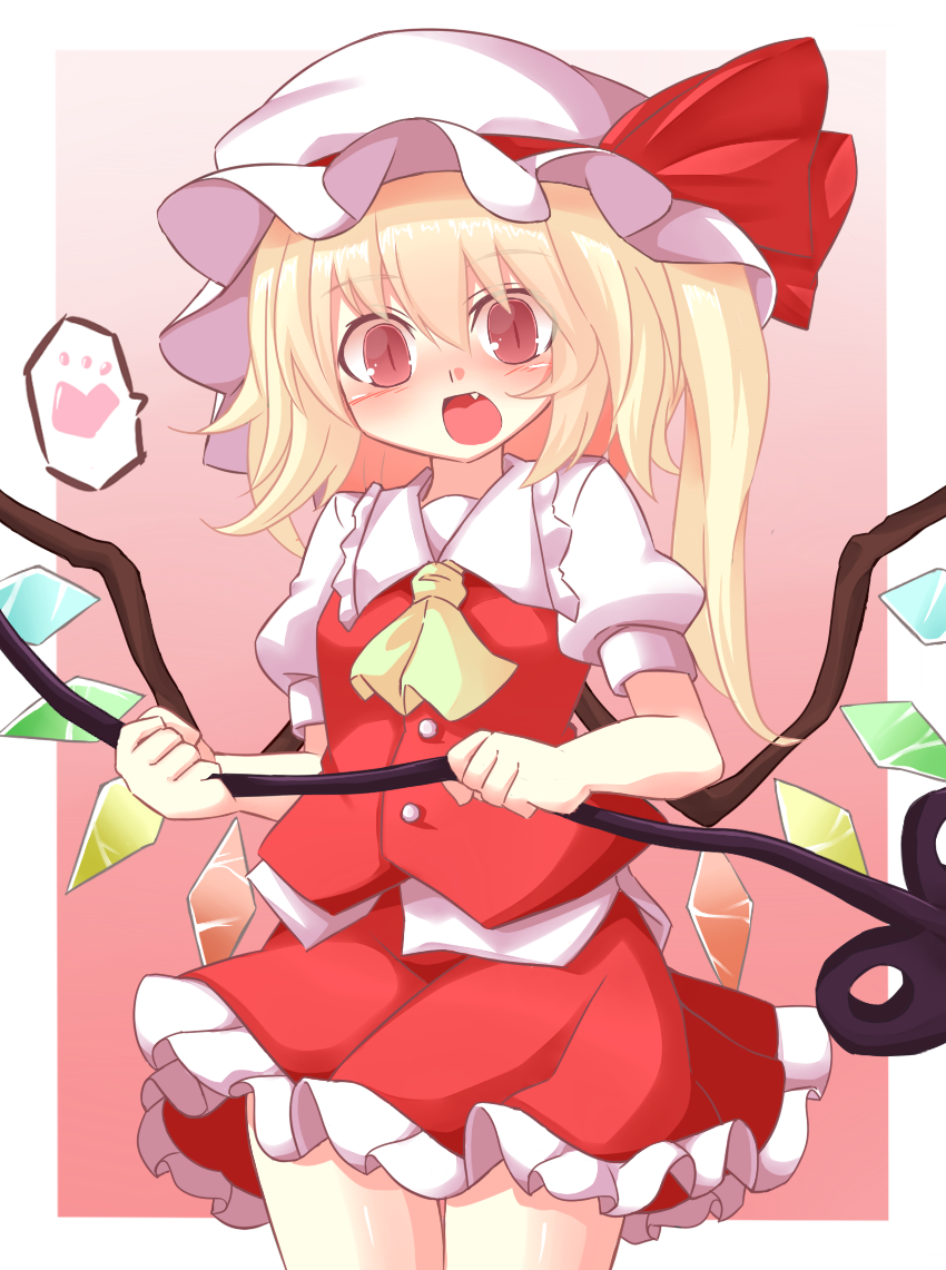 :d, blonde_hair, blush, fang, flandre_scarlet, heart, holding, kikiriri