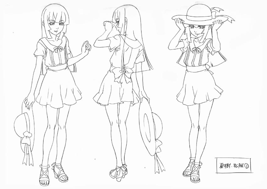 1boy, androgynous, character_sheet, crossdressinging, dress, hat, high_heels, lineart