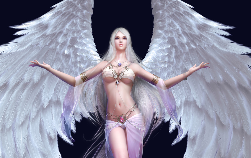 3d, angel, bikini, blonde_hair, breasts, cleavage, copyright_request, forsaken_world