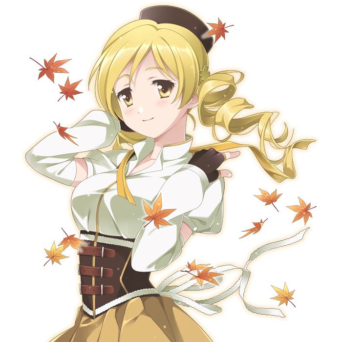 beret, blonde_hair, breasts, corset, detached_sleeves, drill_hair, fingerless_gloves, gloves