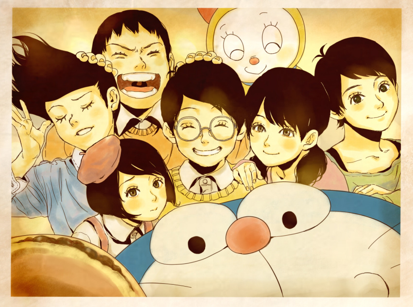 4boys, antenna_hair, beret, black_hair, bob_cut, brown_eyes, closed_eyes, dekisugi_hidetoshi