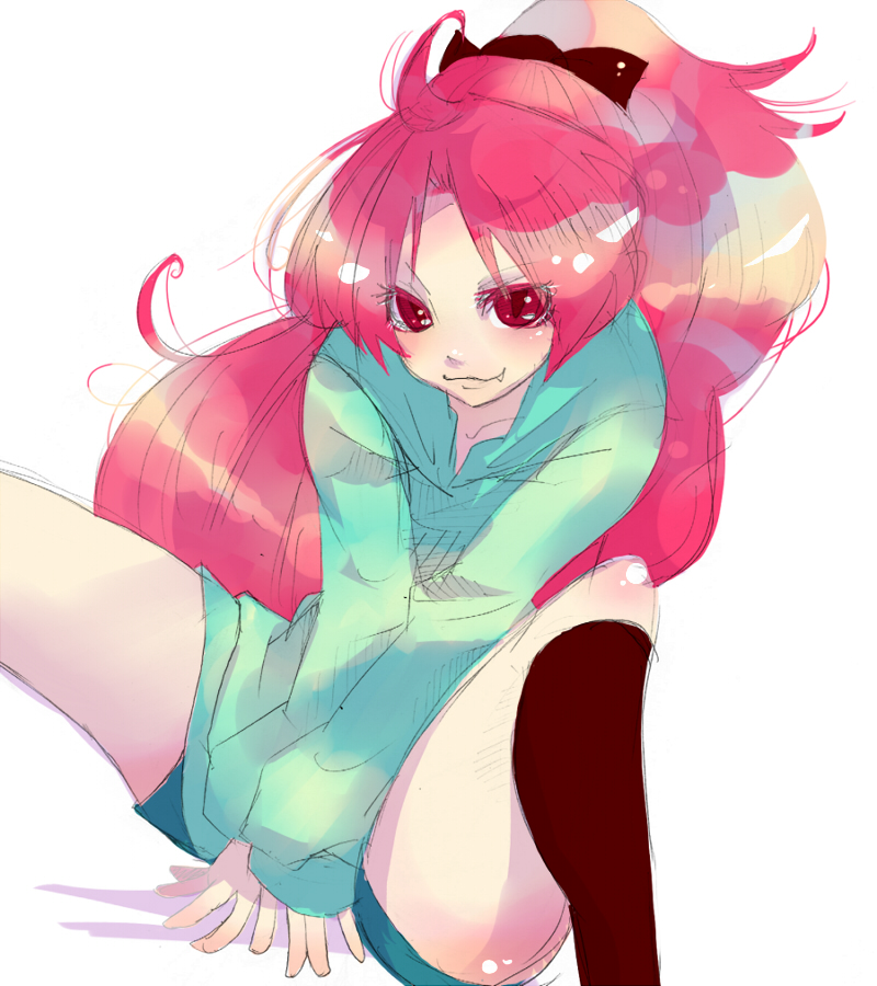 blush, boots, fang, hair_ribbon, long_hair, mahou_shoujo_madoka_magica, ponytail, red_eyes