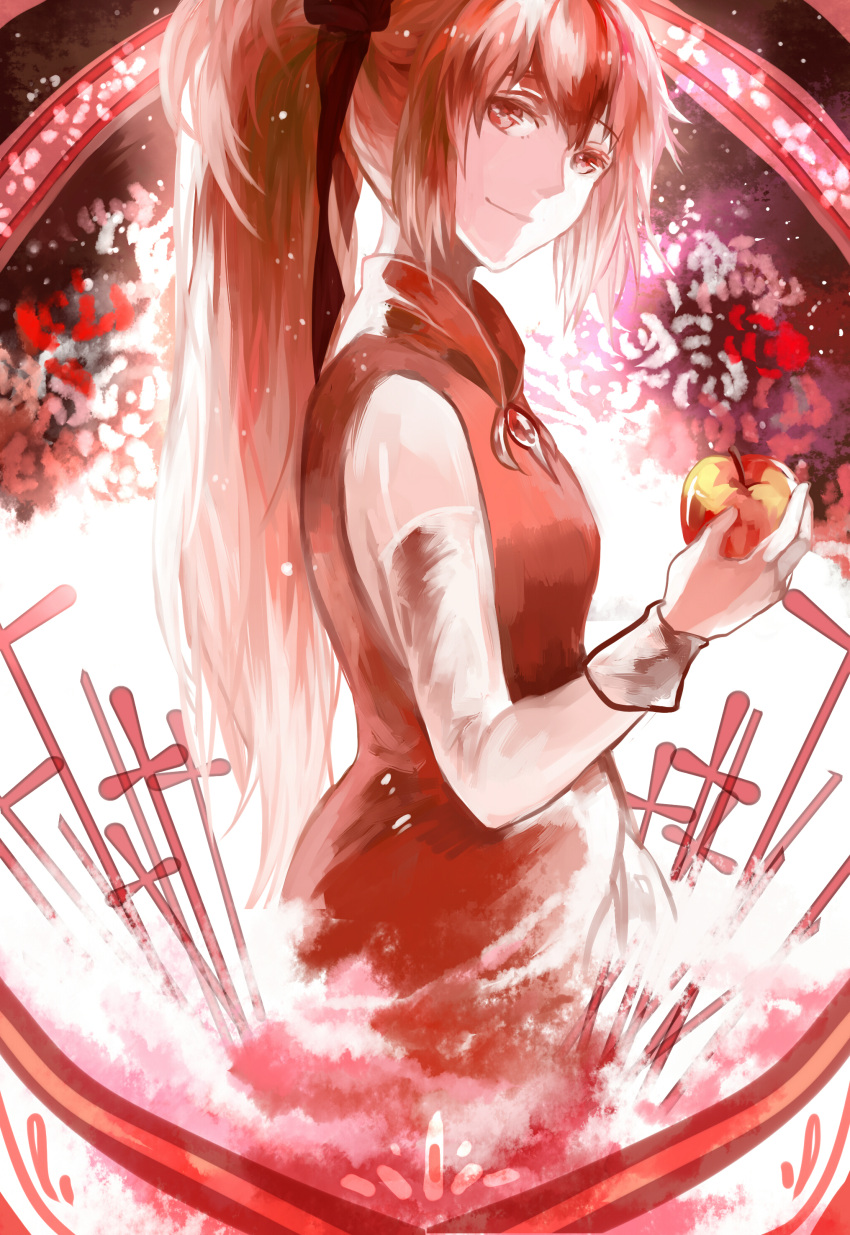 absurdres, apple, azalea_(artist), bare_shoulders, food, fruit, highres, long_hair