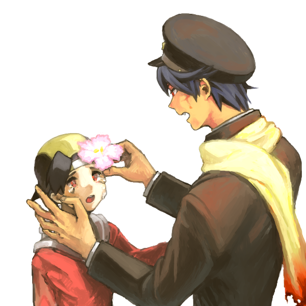 bangs, black_hair, child, crying, flower, gakuran, gero_(hitoridenka), gold_(pokemon), hat, multiple_boys, personification, pokemon, pokemon_(game), pokemon_gsc, red_eyes, scarf, school_uniform, simple_background, tears, typhlosion