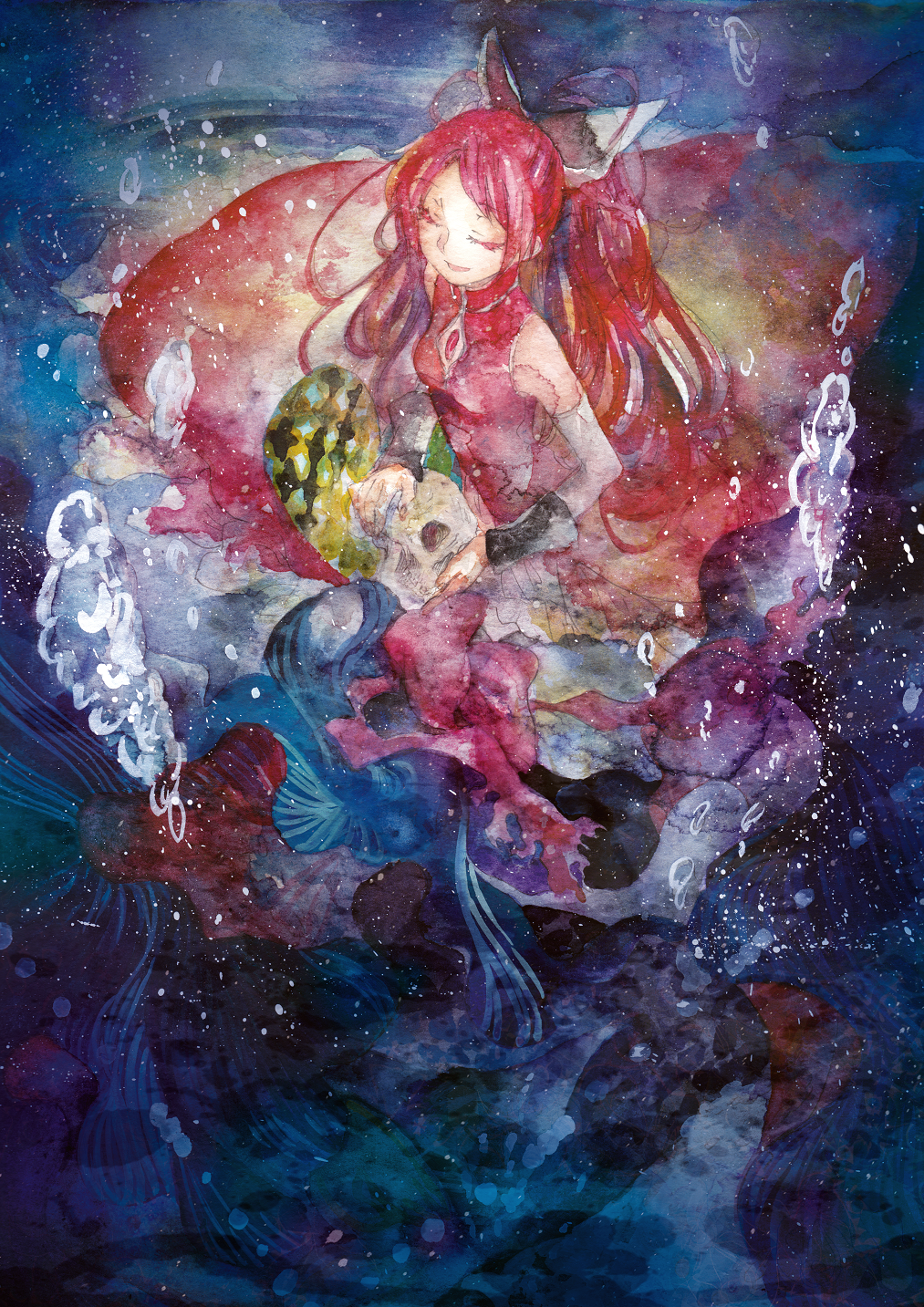 bubble, campanula-star, closed_eyes, dress, eyes_closed, hair_ribbon, highres, kneeling