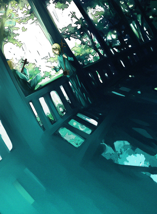 chinese_clothes, closed_eyes, erhu, instrument, kagamine_len, kagamine_rin, katari_biumi, kokyuu