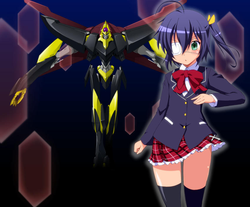 1girl, ahoge, black_hair, black_legwear, blazer, chuunibyou_demo_koi_ga_shitai!, code_geass, crossover