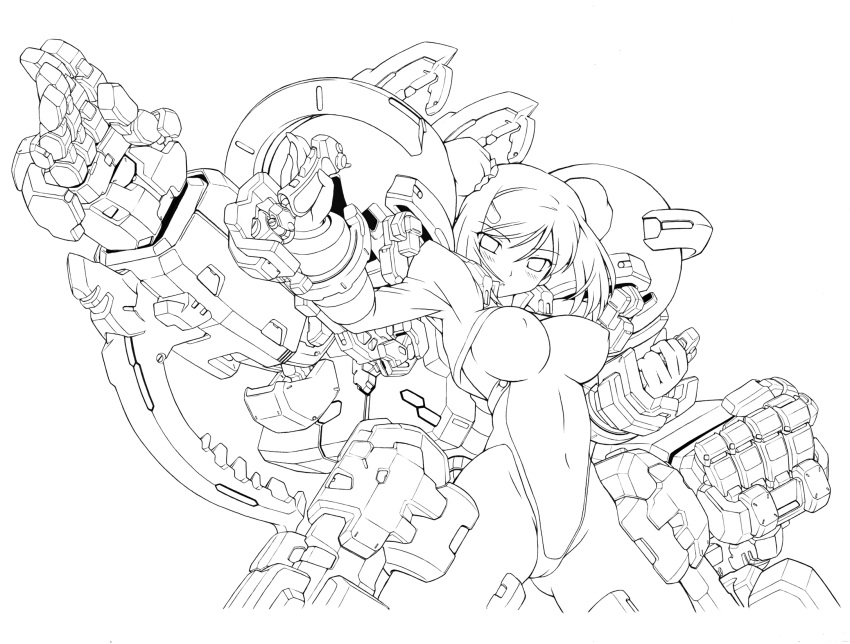 arcana_heart_2, arcana_heart_3, benimaru512, breasts, highres, large_breasts, lineart, mecha, mei-fang, monochrome