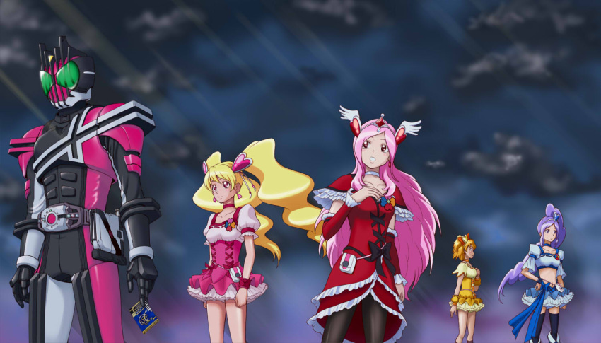 1boy, 4girls, aono_miki, belt, blonde_hair, bow, card, choker