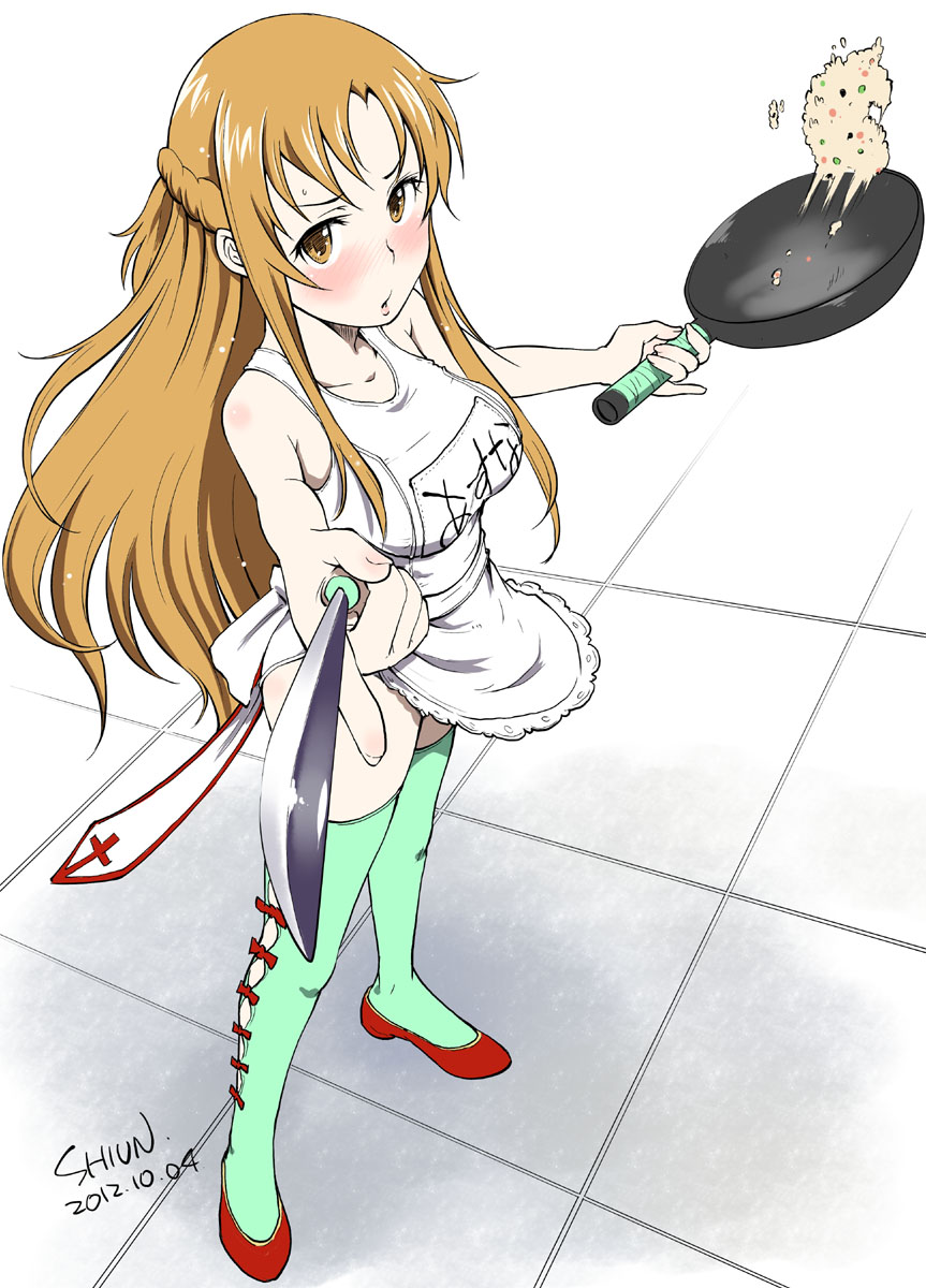 apron, artist_name, asuna_(sao), blush, breasts, brown_eyes, brown_hair, dated