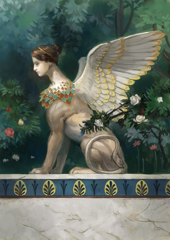 greek_mythology, monster_girl, nablange, profile, solo, sphinx, tree, wings