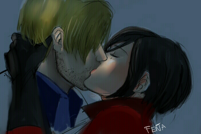 1boy, 1girl, ada_wong, blonde_hair, brown_hair, closed_eyes, eyes_closed, facial_hair