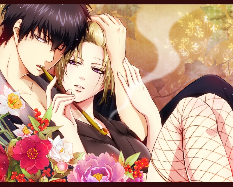 1girl, black_eyes, black_hair, blonde_hair, fishnets, flower, gintama, hijikata_toushirou