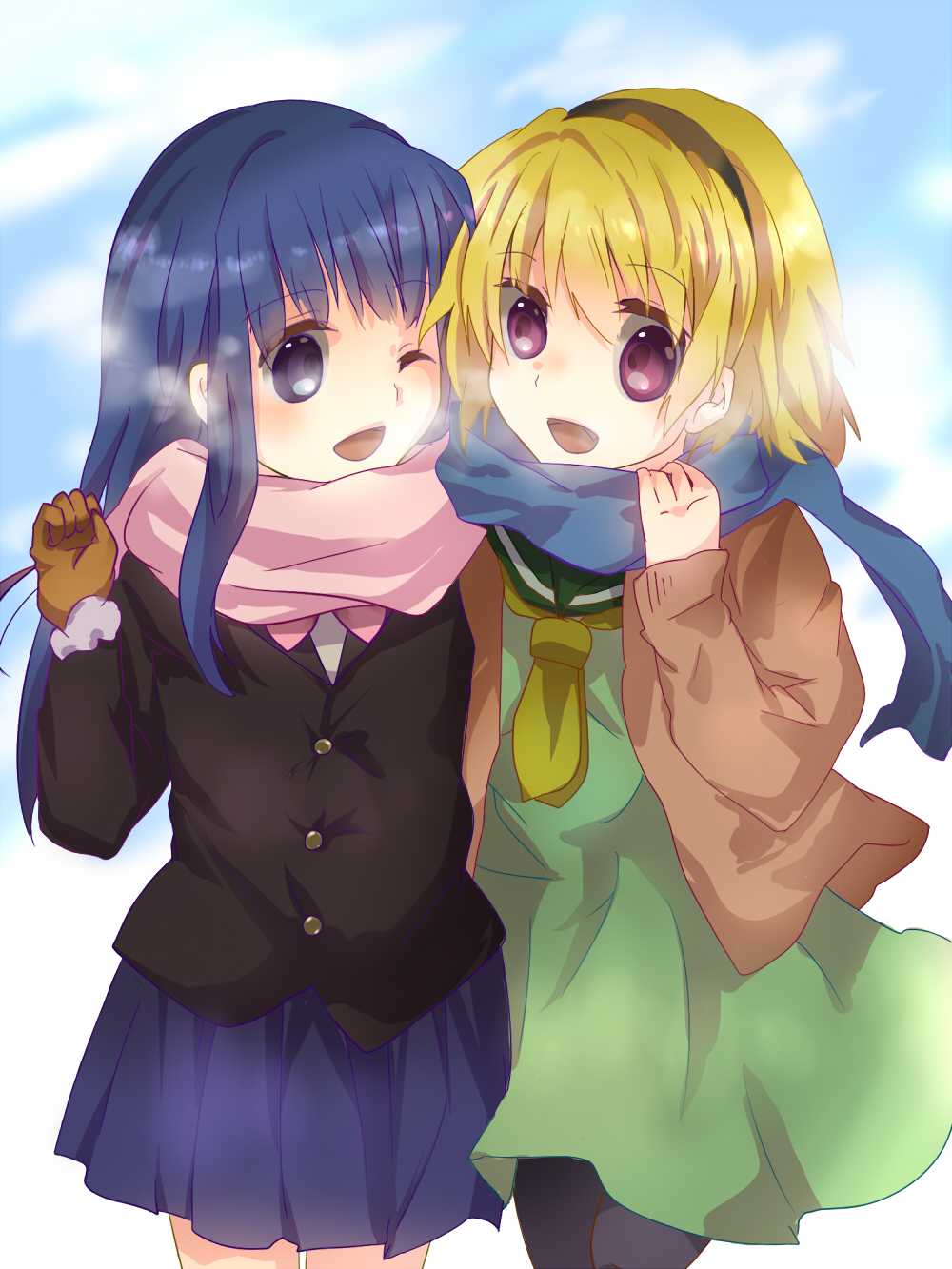 az_(shotatteiiyone), blonde_hair, blue_eyes, blue_hair, blush, coat, furude_rika, gloves
