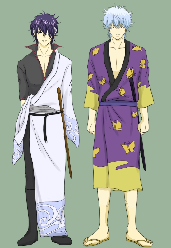 2boys, bandage_over_one_eye, cosplay, costume_switch, flat_gaze, gintama, japanese_clothes, katana