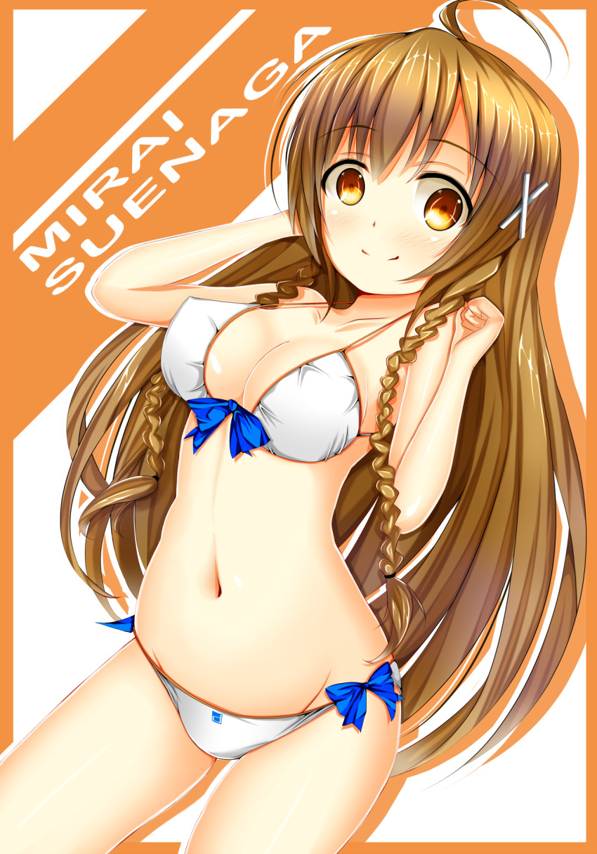 ahoge, bikini, braid, breasts, brown_eyes, brown_hair, character_name, cheeuyu