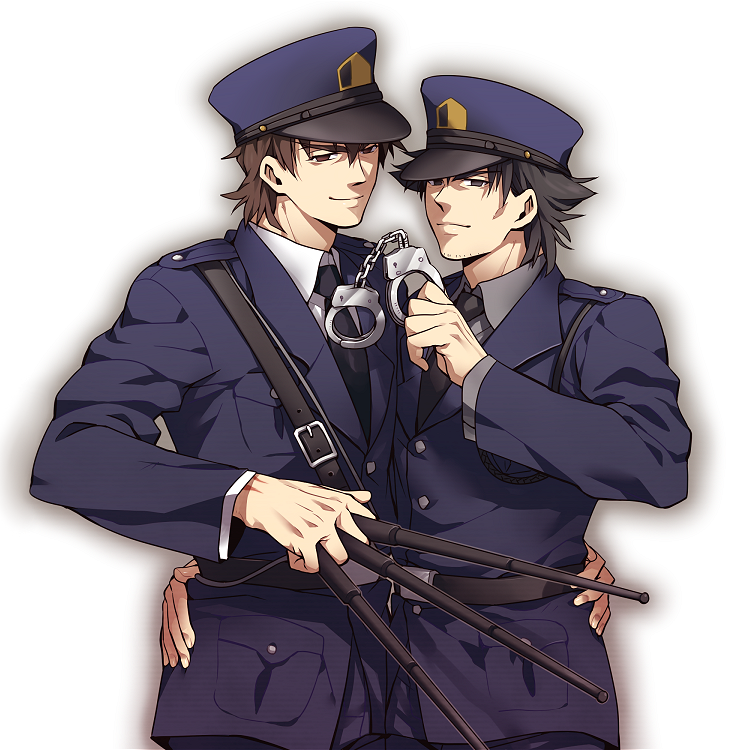 between_fingers, black_eyes, black_hair, brown_eyes, brown_hair, cuffs, emiya_kiritsugu, facial_hair