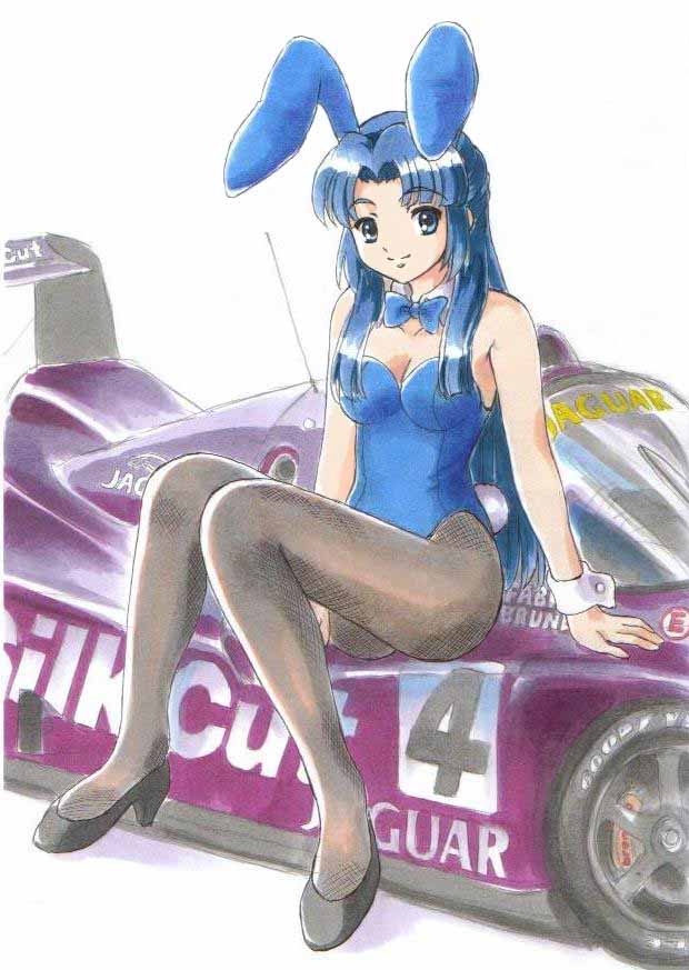 animal_ears, asakura_ryouko, blue_eyes, blue_hair, bowtie, breasts, brown_legwear, bunny_ears