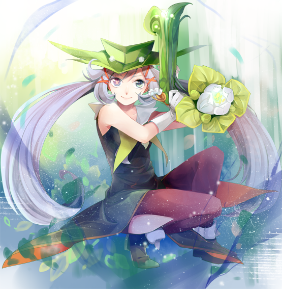 bare_shoulders, cardfight!!_vanguard, flower, green_eyes, gun, hat, heterochromia, lavender_hair