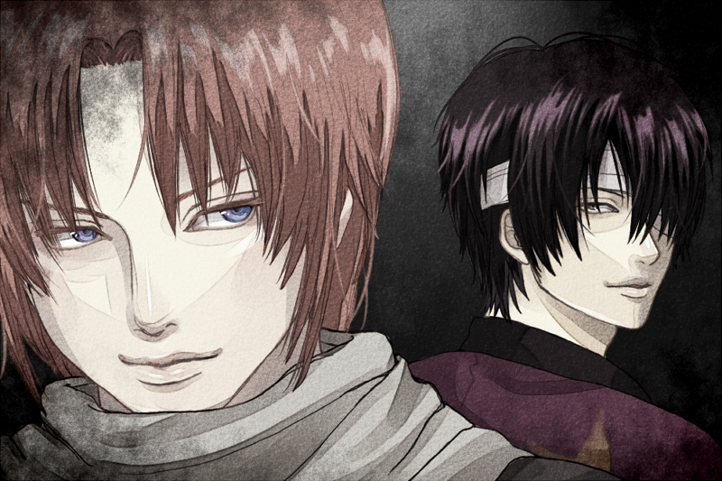 bandage_over_one_eye, blue_eyes, gintama, kamui, koizumi_m, multiple_boys, purple_hair, red_hair