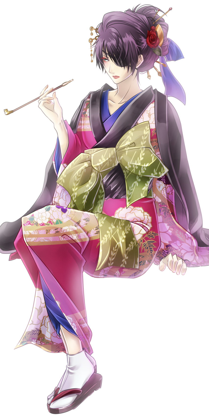 absurdres, eyepatch, geta, gintama, hair_up, highres, japanese_clothes, kimono