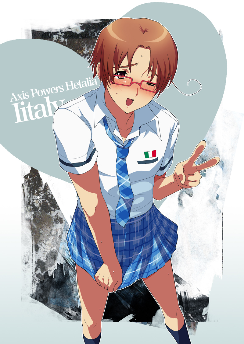 1boy, ahoge, axis_powers_hetalia, blush, brown_eyes, brown_hair, crossdressinging, italian_flag