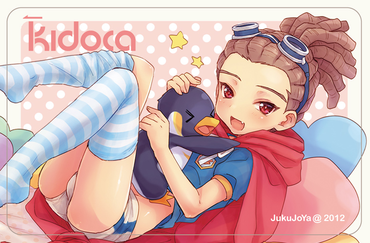 >_<, bird, blue_legwear, blush, bulge, cape, fang, goggles