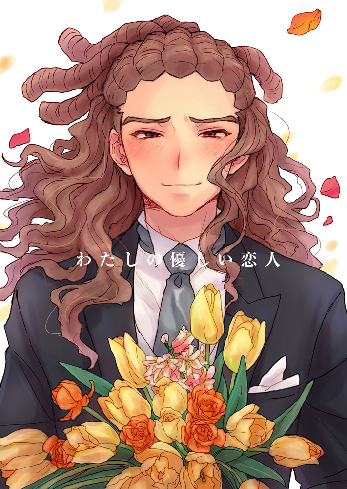 adult, blush, brown_hair, flower, formal, hairlocs, inazuma_eleven, inazuma_eleven_(series)
