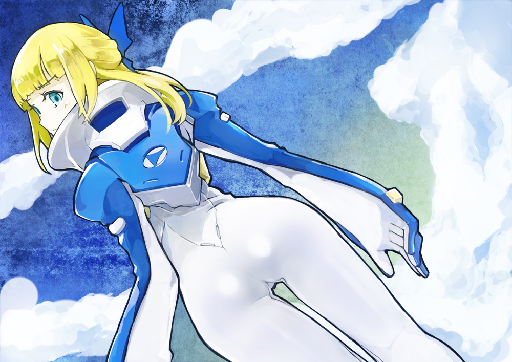 ashuho, back, blonde_hair, blue_eyes, bow, cloud, clouds, eureka_seven_(series), eureka_seven_ao, fleur_blanc, hair_bow, looking_back, pilot_suit, sky, solo