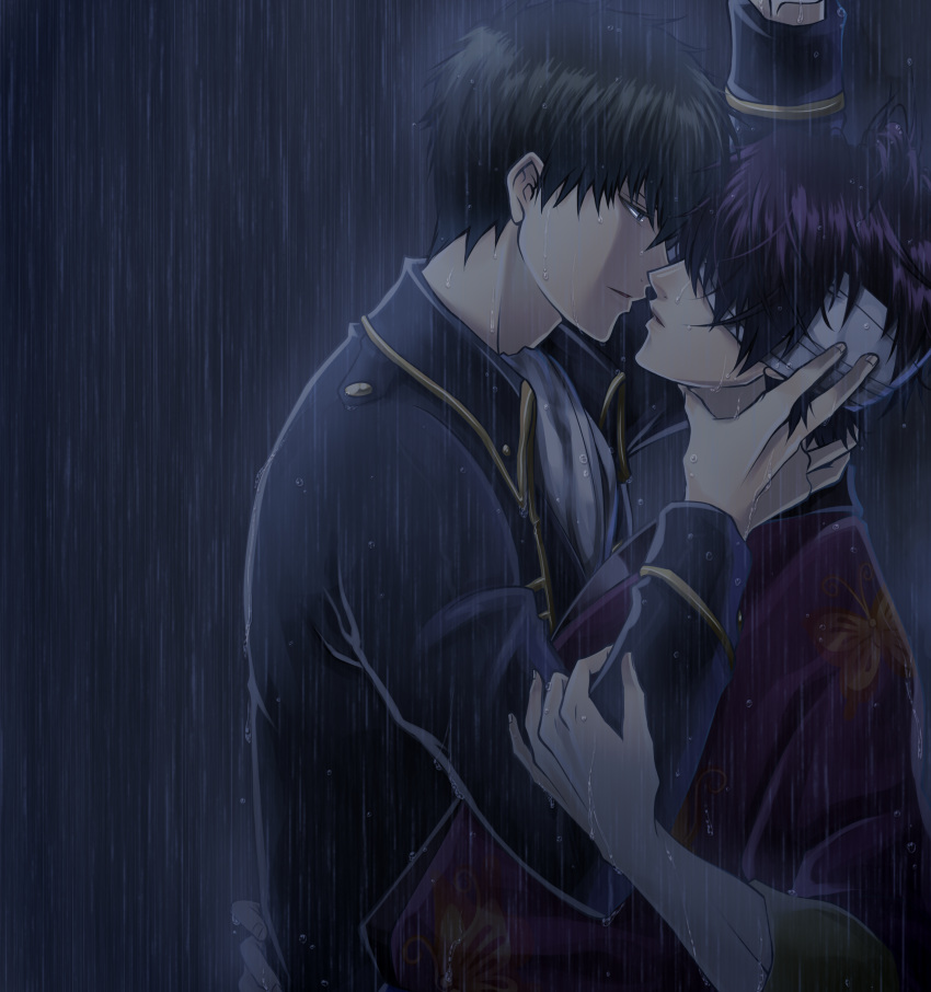 absurdres, bandage_over_one_eye, black_eyes, black_hair, gintama, highres, hijikata_toushirou, incipient_kiss