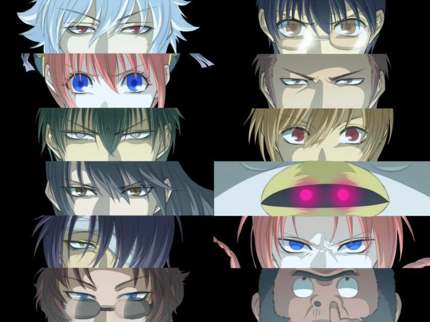 blue_eyes, brown_eyes, brown_hair, elizabeth_(gintama), gintama, glasses, gorilla, green_eyes, hijikata_toushirou, kagura_(gintama), kamui, katsura_kotarou, koizumi_m, kondou_isao, nose_picking, okita_sougo, parody, persona, persona_eyes, purple_hair, red_eyes, red_hair, sakamoto_tatsuma, sakata_gintoki, shimura_shinpachi, silver_hair, sorachi_hideaki_(character), takasugi_shinsuke