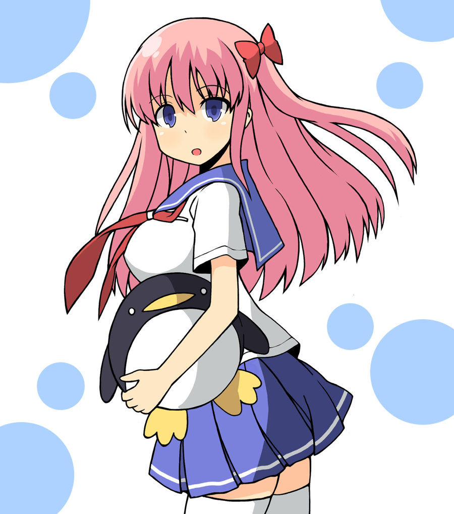 blue_hair, blush, breasts, doll, etopen, haramura_nodoka, highres, large_breasts, long_hair, pink_hair, raiexcat, ribbon, saki, school_uniform, serafuku, side_ponytail, solo, thigh-highs, thighhighs, toy