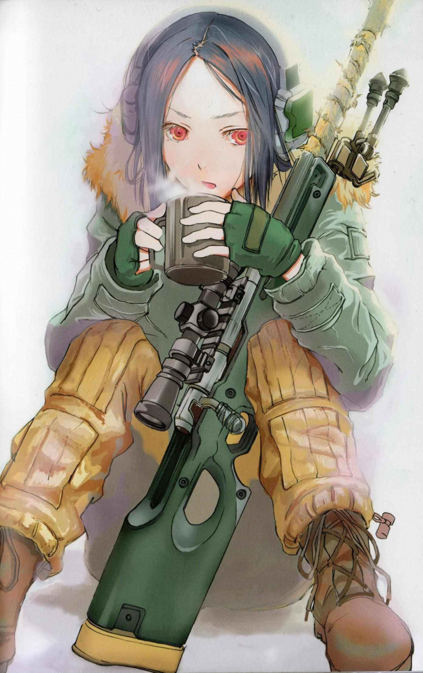 artist_request, bipod, black_hair, bolt_action, boots, copyright_request, cup, fingerless_gloves
