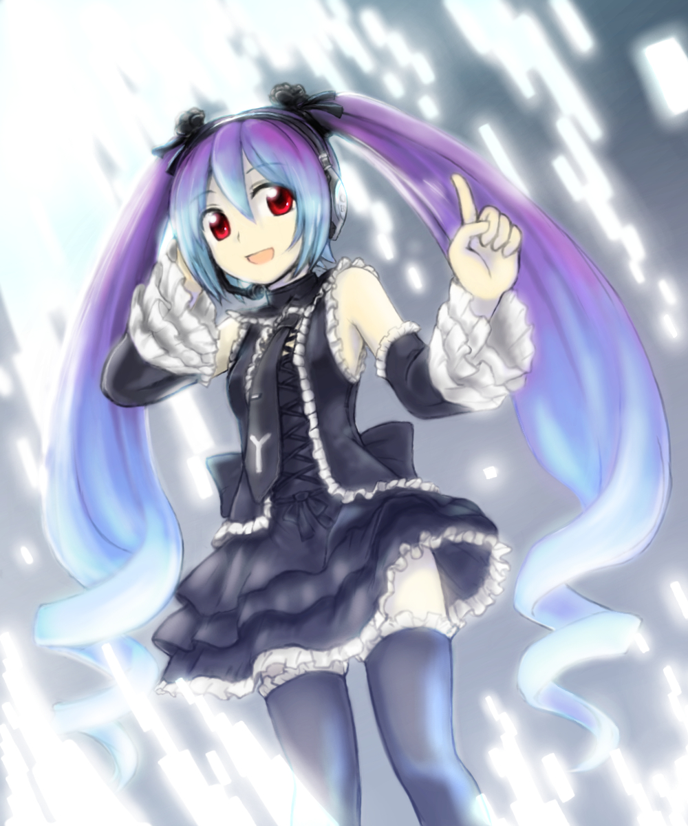 bare_shoulders, black_legwear, blue_hair, detached_sleeves, drill_hair, frilled_sleeves, frills, gothic_lolita