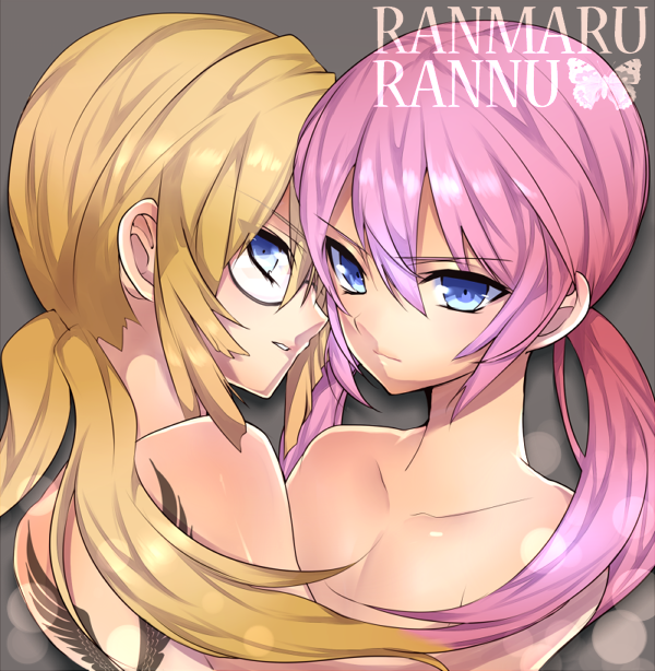 2boys, androgynous, bare_shoulders, blonde_hair, blue_eyes, bust, butterfly, character_name