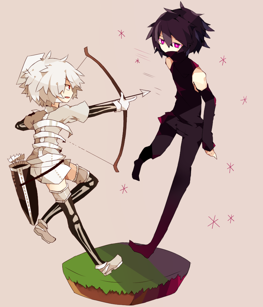 2boys, 2girls, albino, androgynous, arrow, black_hair, black_legwear, bow