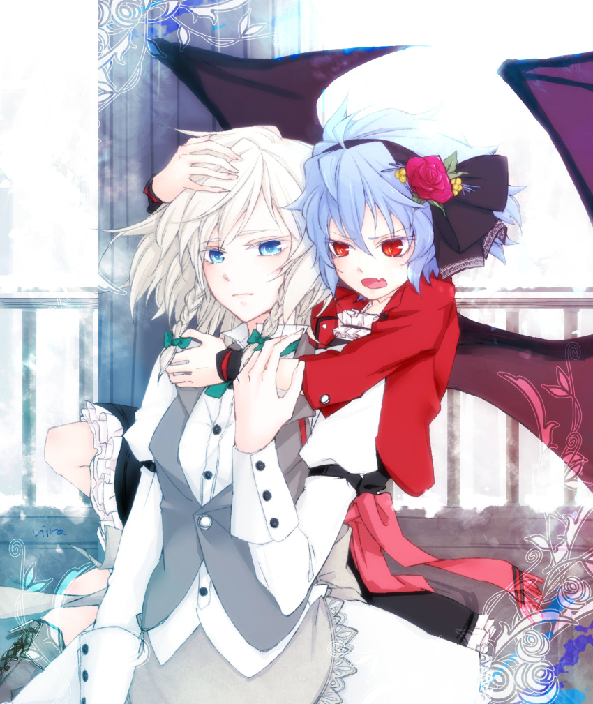alternate_costume, bat_wings, blue_eyes, braid, flower, hair_flower, hair_ornament, highres, izayoi_sakuya, lavender_hair, multiple_girls, open_mouth, red_eyes, remilia_scarlet, ribbon, rose, short_hair, silver_hair, touhou, twin_braids, vasashi-uma, wings, wrist_cuffs