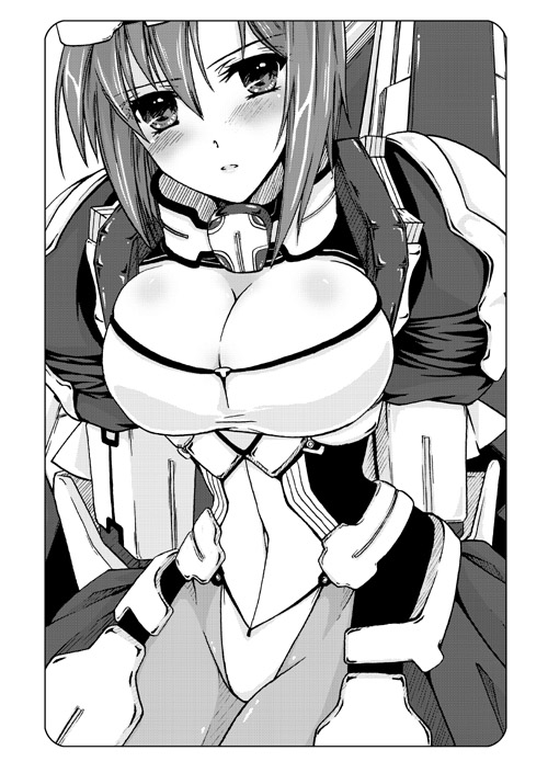 blush, bodysuit, breasts, cleavage, gojou_kurota, kyoukai_senjou_no_horizon, large_breasts, mechanical_arm, monochrome, pantyhose, short_hair, tachibana_gin