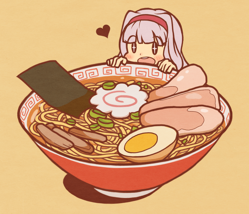 1girl, blush, bowl, egg, food, grey_hair, hairband, heart