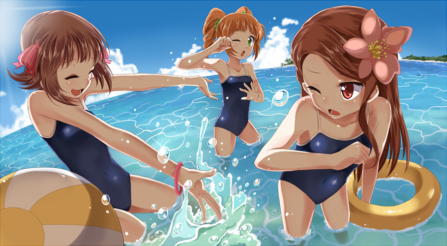amami_haruka, ball, beach, beachball, brown_eyes, brown_hair, cloud, danzero