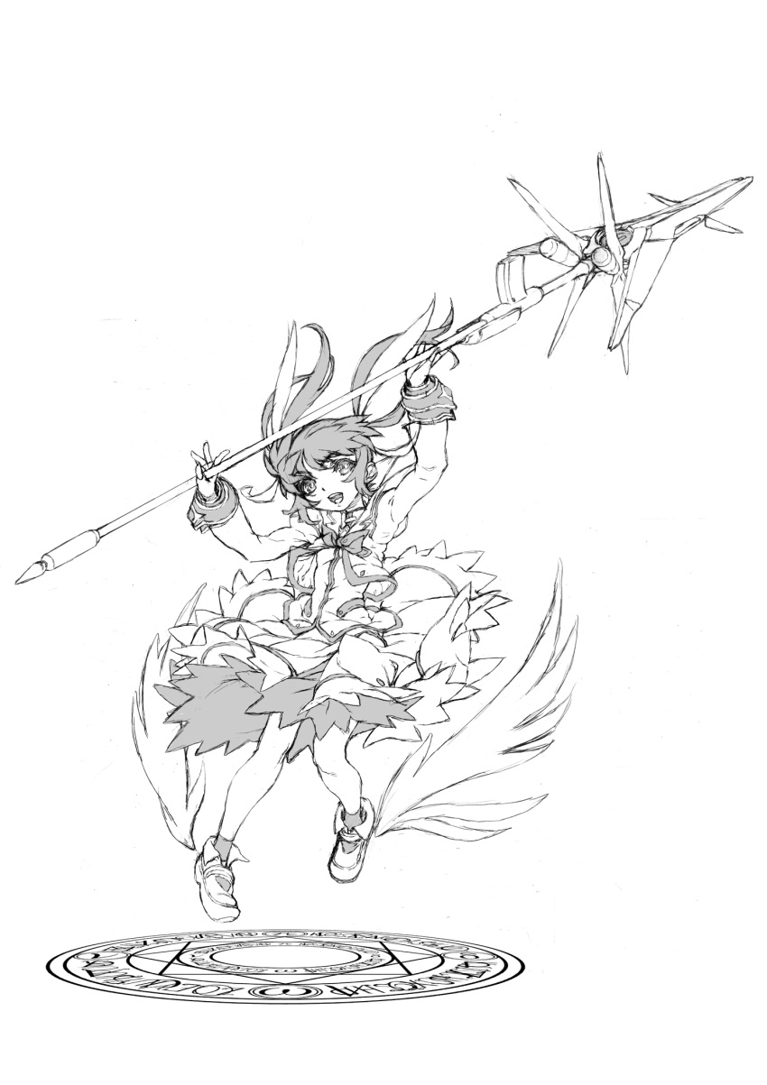 highres, long_hair, magic_circle, mahou_shoujo_lyrical_nanoha, monochrome, polearm, raising_heart, skirt