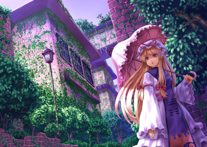 blonde_hair, bow, building, dress, hat, lamppost, leaves, long_hair