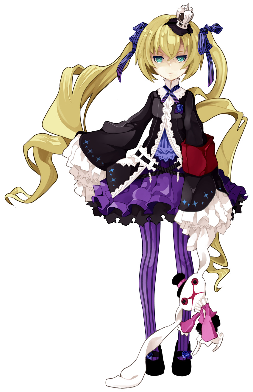 7th_dragon, absurdres, aqua_eyes, blonde_hair, bow, hacker_(7th_dragon), hair_bow, hat, highres, pantyhose, reborn_10, solo, striped, striped_legwear, stuffed_animal, stuffed_toy, twintails, vertical-striped_legwear, vertical_stripes