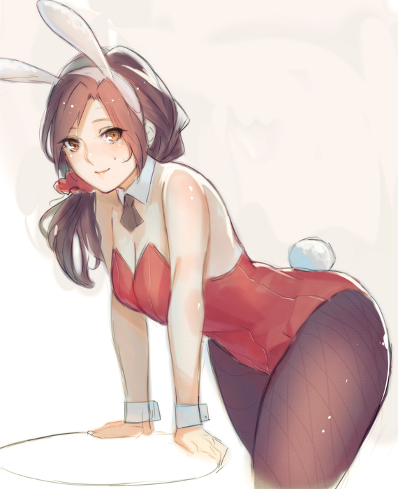 animal_costume, animal_ears, breasts, brown_hair, bunny_costume, bunny_ears, bunny_tail, bunnysuit