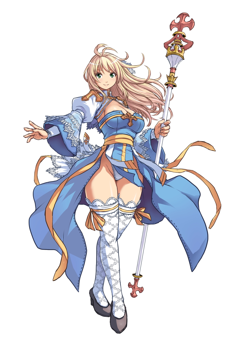 blonde_hair, blush, breasts, cleavage, cross, funamushi_(funa), garters, green_eyes