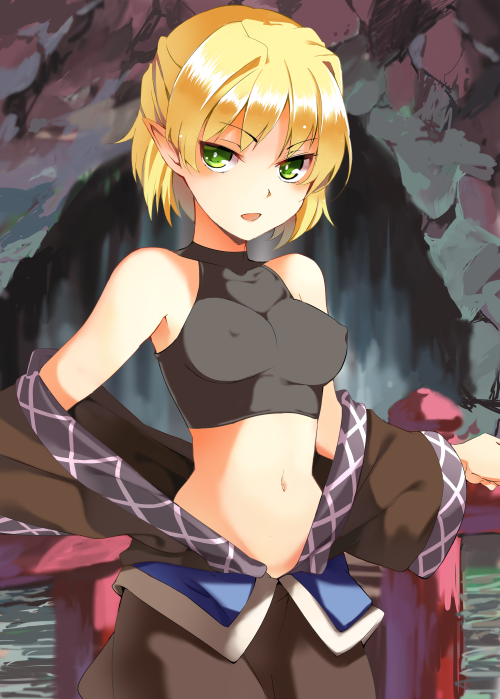 :d, alternate_costume, bare_shoulders, blonde_hair, blush, breasts, delorean_(hasabe_yu2), erect_nipples