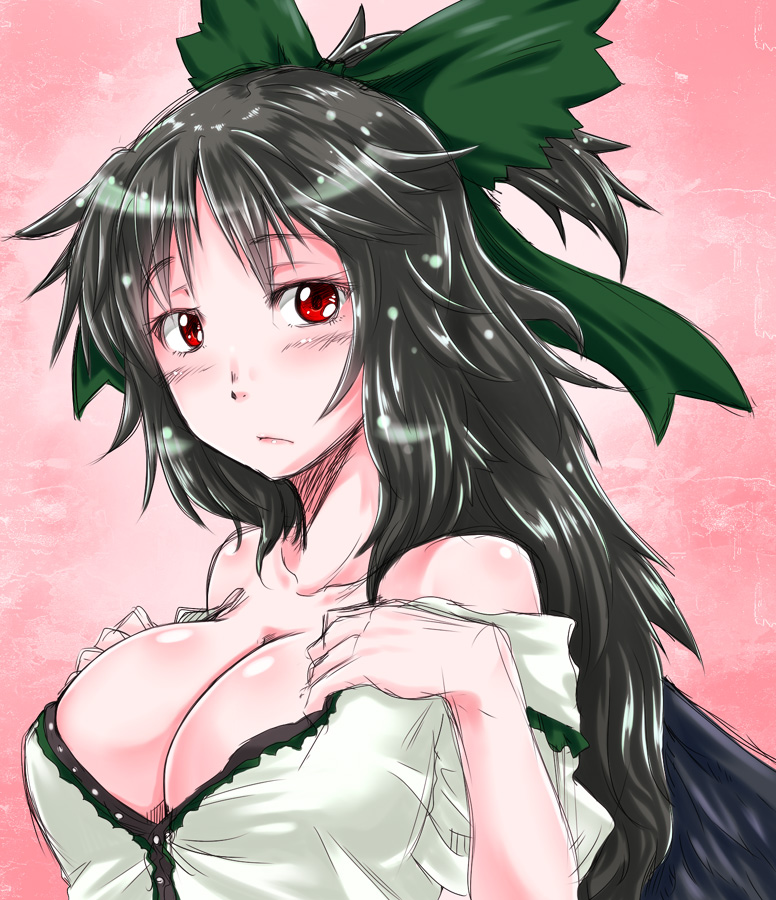 bare_shoulders, black_hair, black_wings, bow, breasts, cleavage, hair_bow, kuon846, kuon_yashiro, large_breasts, long_hair, off_shoulder, red_eyes, reiuji_utsuho, solo, third_eye, touhou, wings