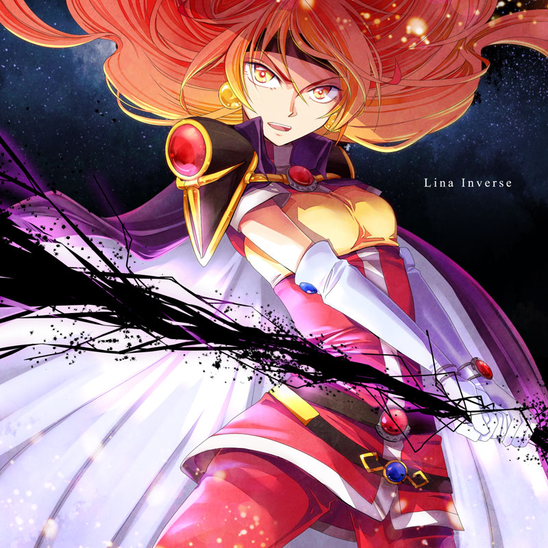 belt, cape, character_name, gloves, headband, lina_inverse, long_hair, magic, nanami_(773), open_mouth, orange_hair, pauldrons, ragna_blade, serious, slayers, solo, white_gloves, yellow_eyes