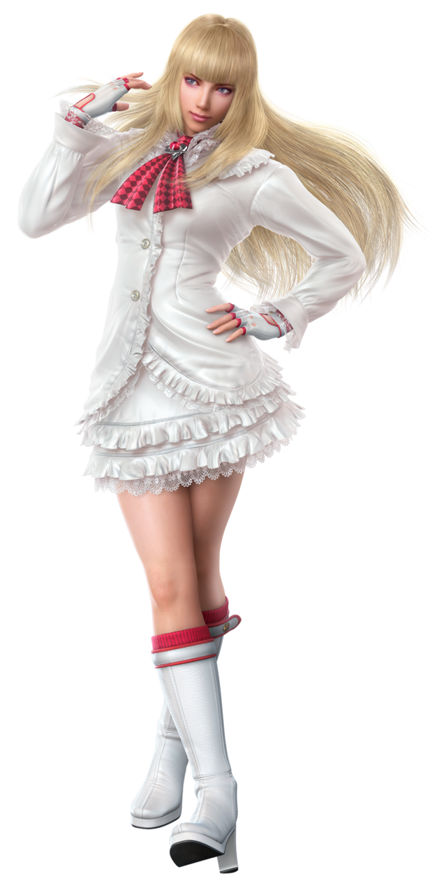 1girl, 3d, ascot, bangs, blonde_hair, blue_eyes, boots, buttons, checkered_neckwear, closed_mouth, crossed_legs_(standing), dress, emilie_de_rochefort, eyeshadow, female, fingerless_gloves, frills, full_body, gloves, hand_on_hip, hand_up, high_heel_boots, high_heels, highres, hime_cut, lace, lace-trimmed_sleeves, lace_trim, lips, long_hair, long_sleeves, looking_to_the_side, makeup, namco, official_art, shoes, simple_background, solo, standing, tekken, tekken_tag_tournament_2, transparent_background, white_boots, white_dress, white_flower, white_footwear